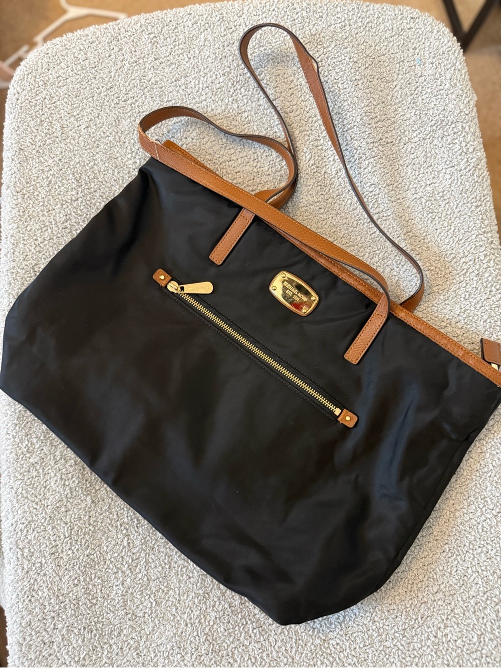 Michael Kors Black Nylon Tote with Brown Leather Trim